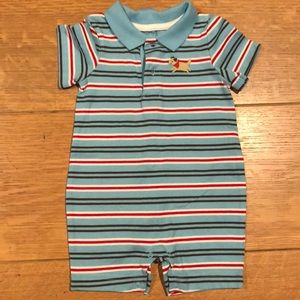 Blue and red striped dog onesie